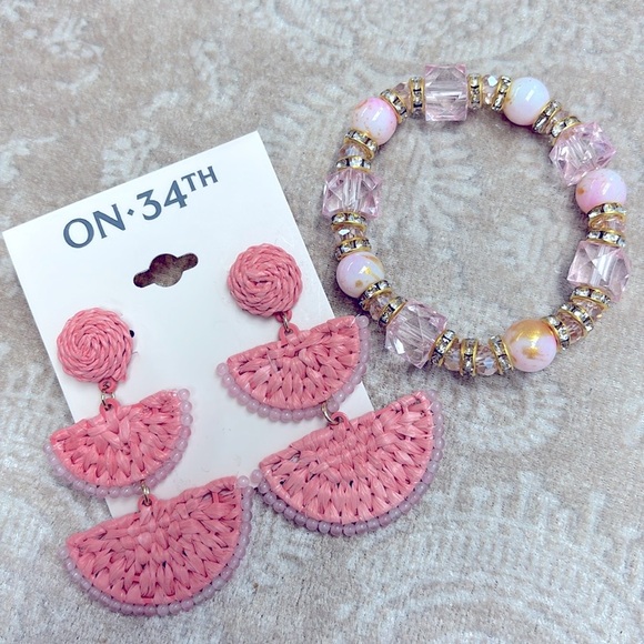 Brand New On 34th Woven Coral Pink Drop Earrings & Beaded Rhinestone Bracelet - Picture 10 of 13